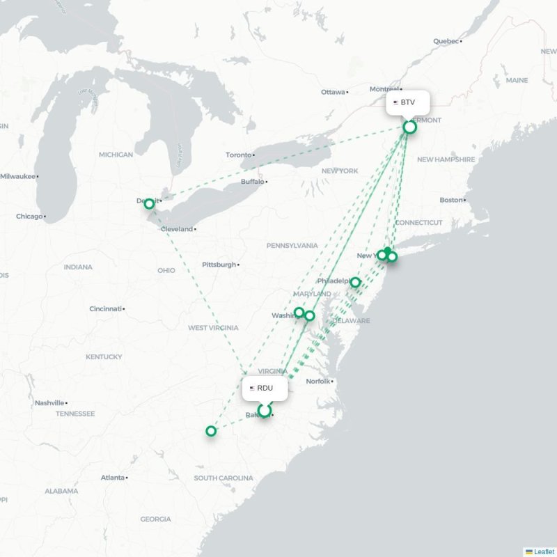 RDU - BTV route map