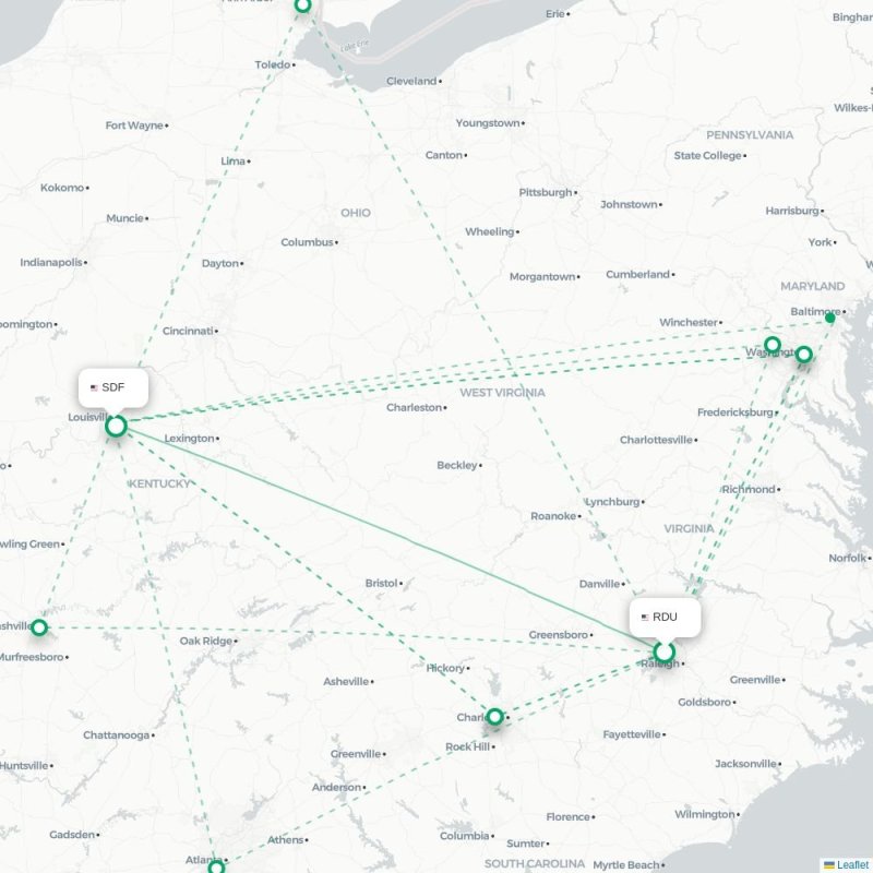 RDU - SDF route map