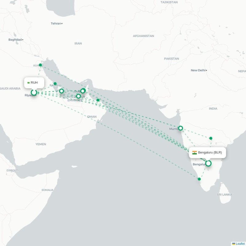 RUH - BLR route map