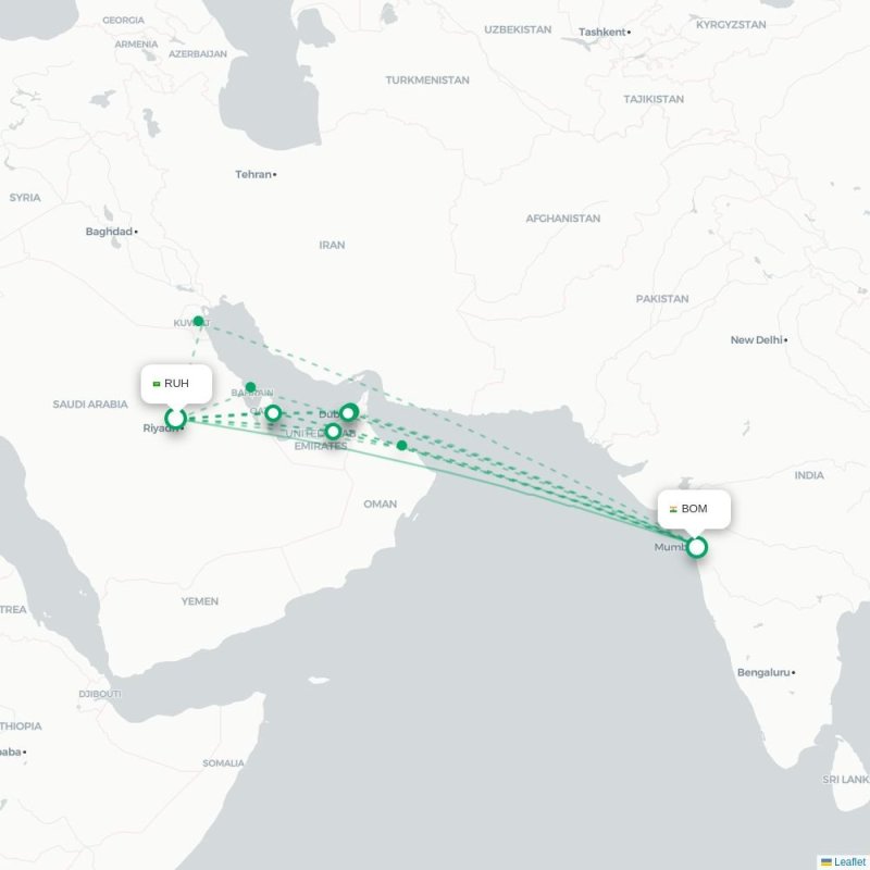 RUH - BOM route map