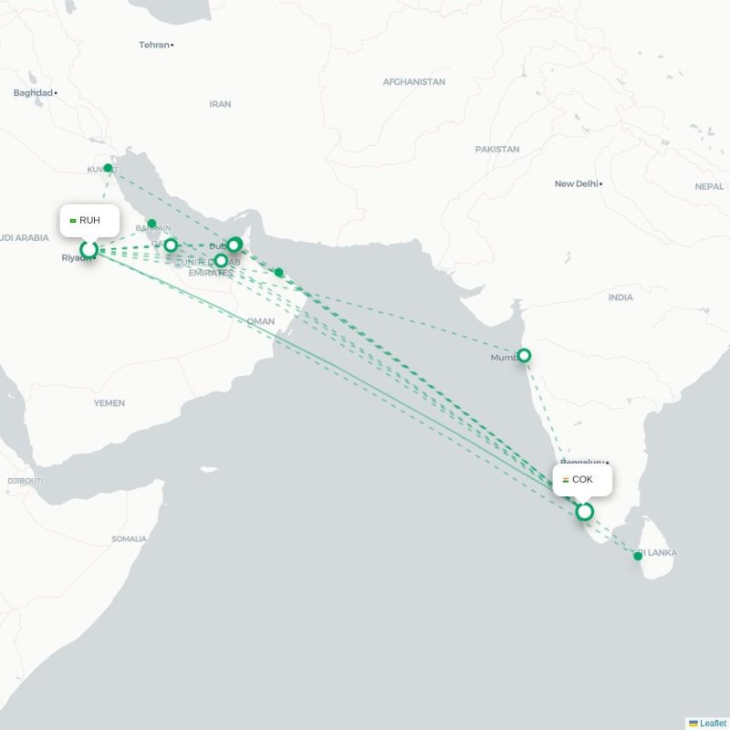 RUH - COK route map