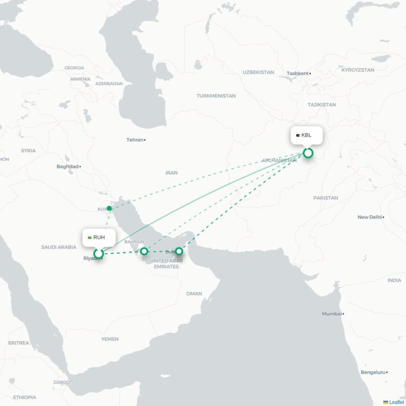 RUH - KBL route map
