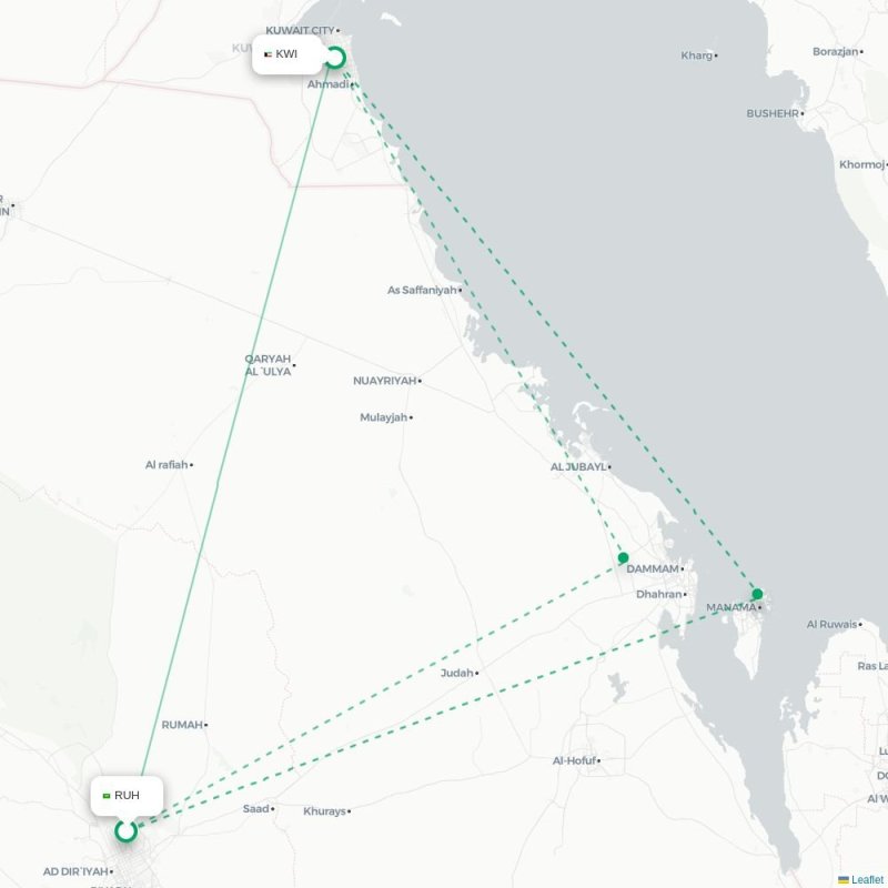 RUH - KWI route map