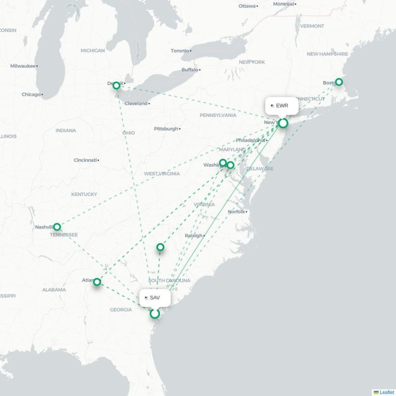 SAV - EWR route map
