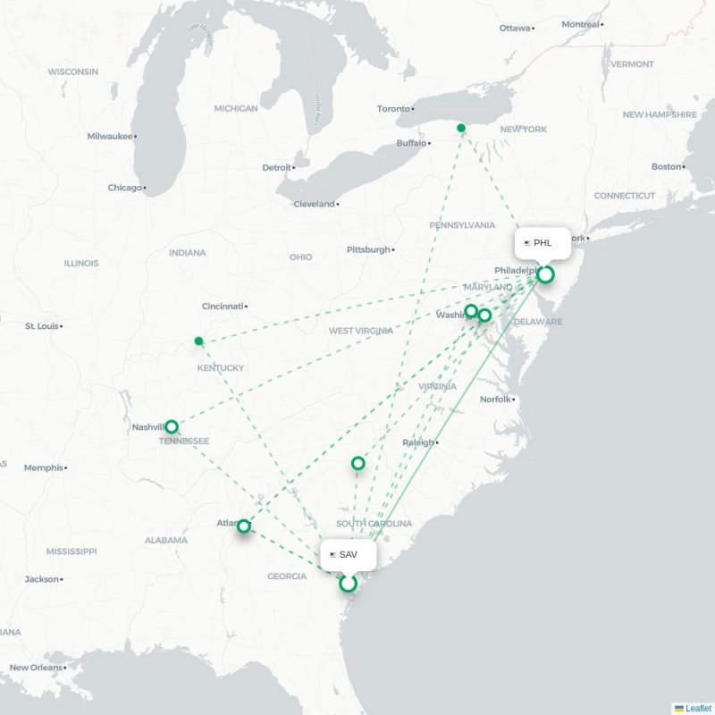 SAV - PHL route map