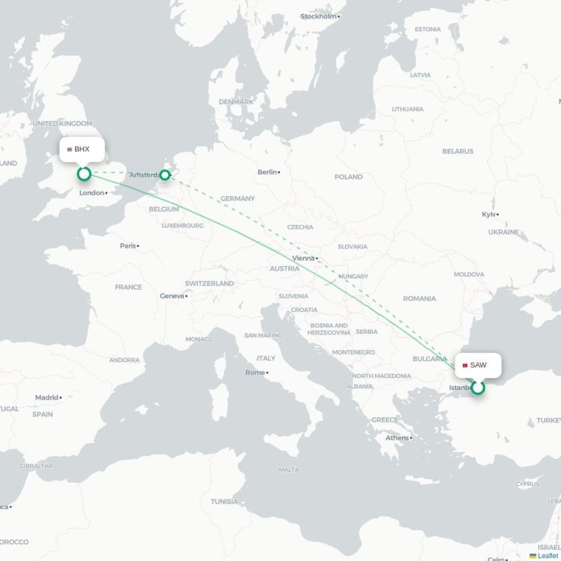SAW - BHX route map