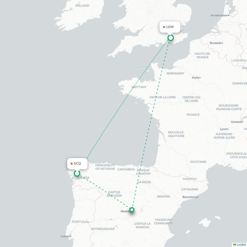 SCQ - LGW route map