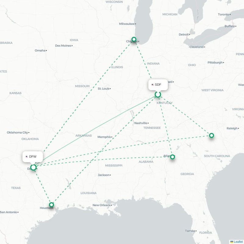 SDF - DFW route map