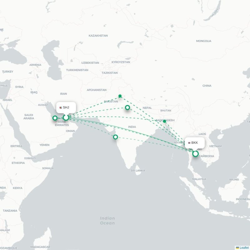 SHJ - BKK route map