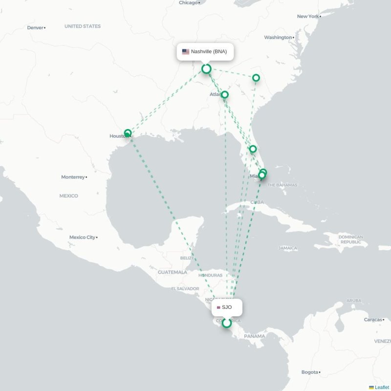 SJO - BNA route map