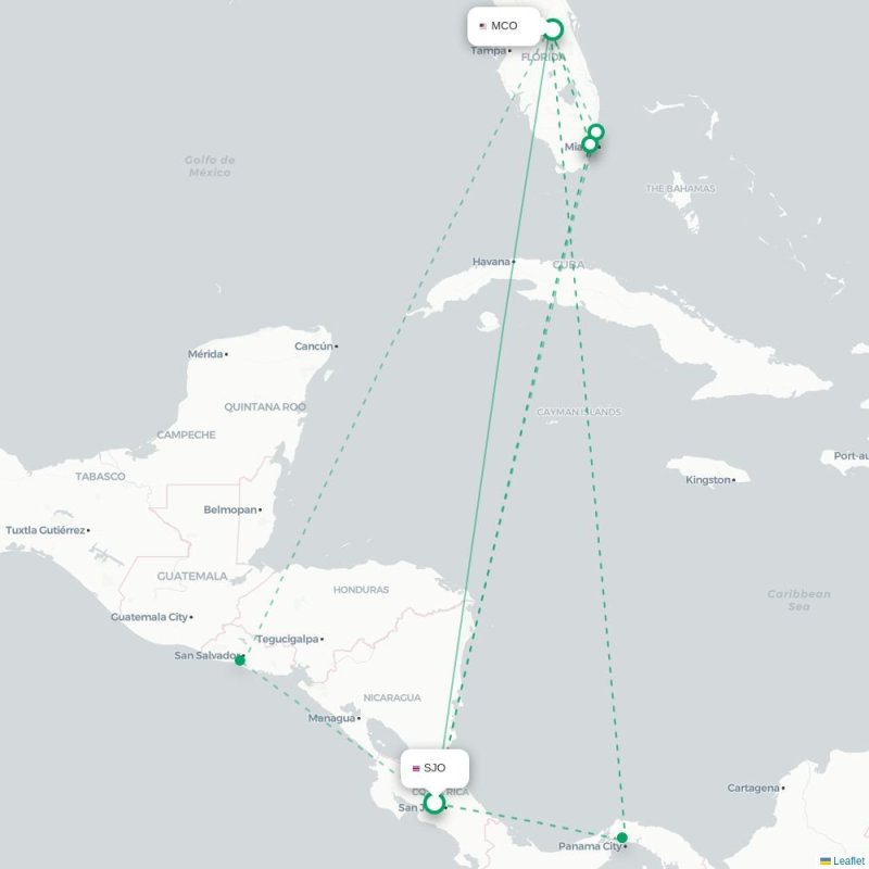 SJO - MCO route map
