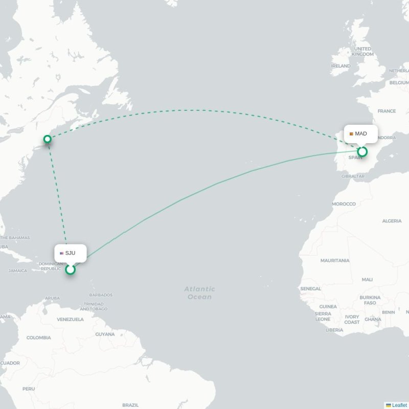 SJU - MAD route map