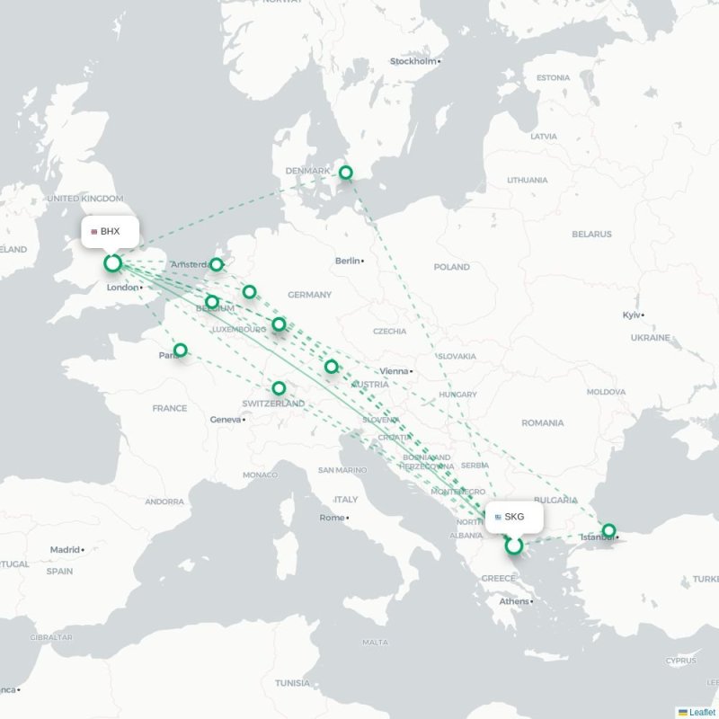 SKG - BHX route map