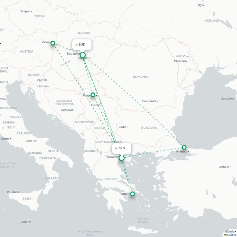 SKG - BUD route map