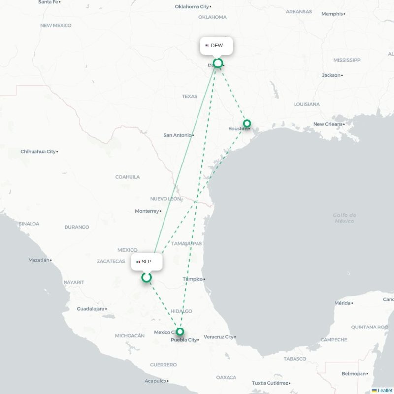SLP - DFW route map