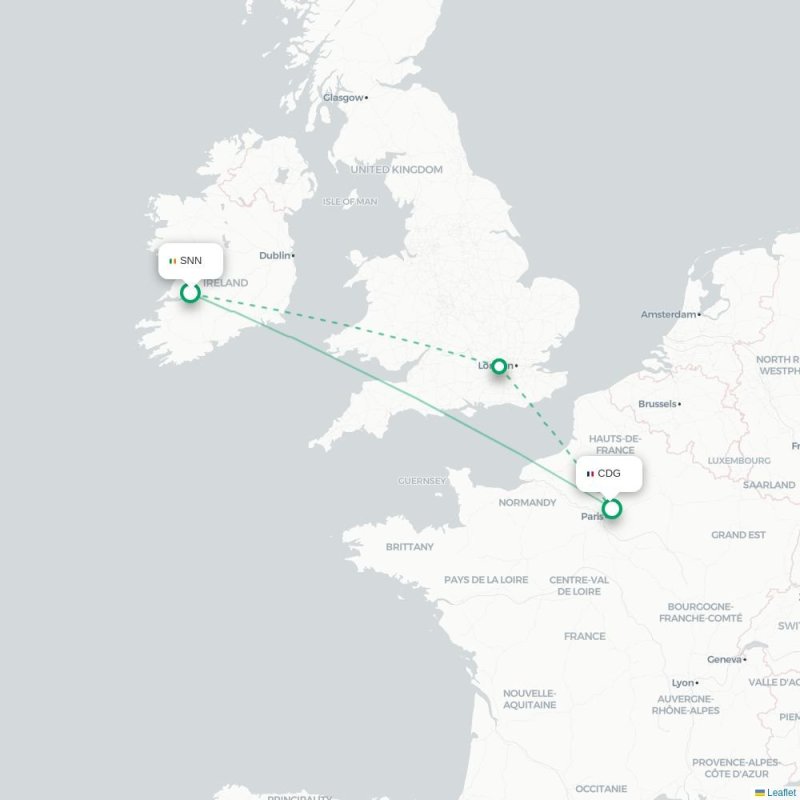 SNN - CDG route map