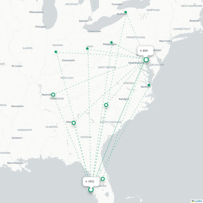 SRQ - BWI route map