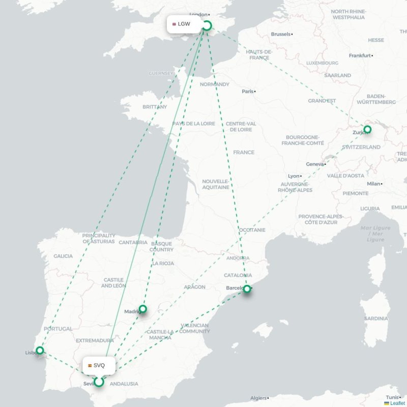 SVQ - LGW route map