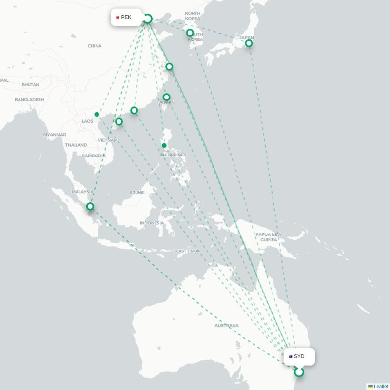 SYD - PEK route map