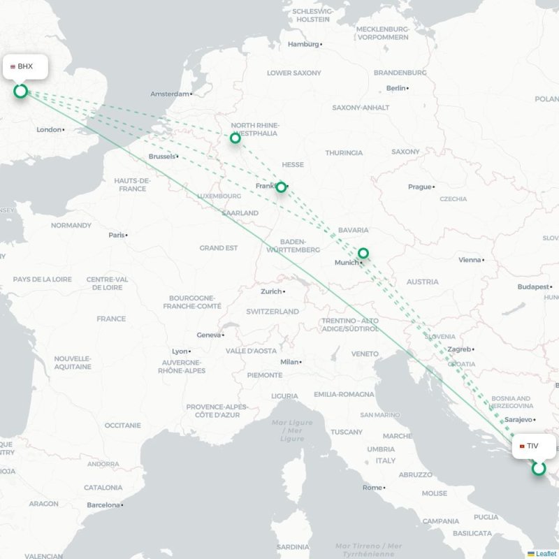 TIV - BHX route map