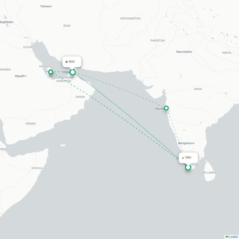 TRV - SHJ route map