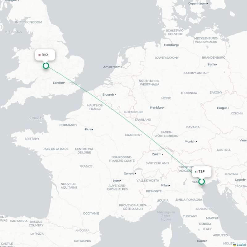 TSF - BHX route map