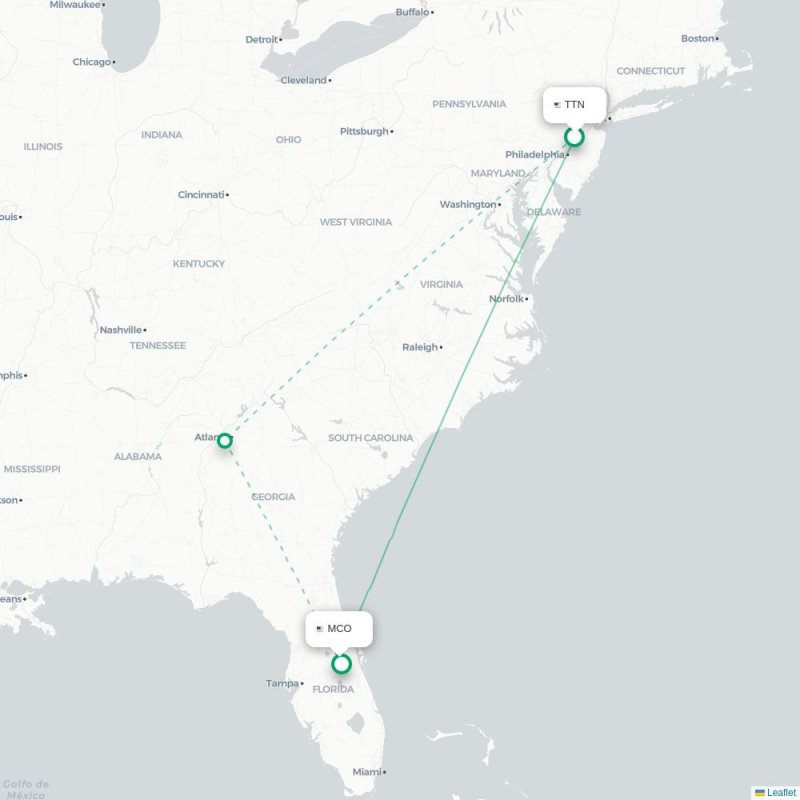 TTN - MCO route map