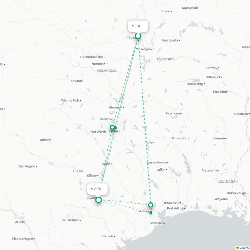 TUL - AUS route map