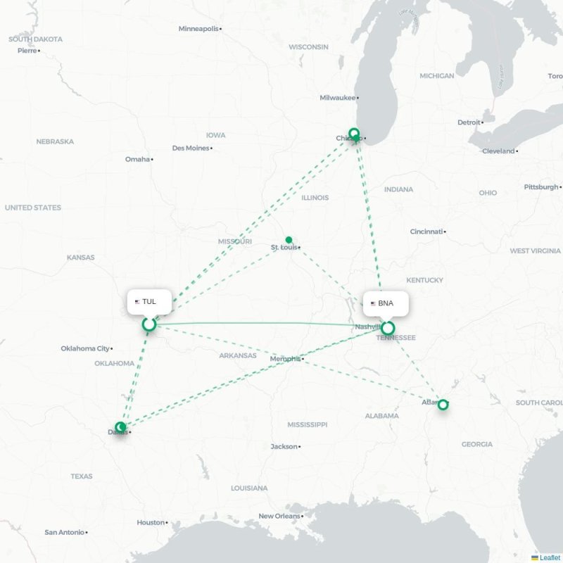 TUL - BNA route map
