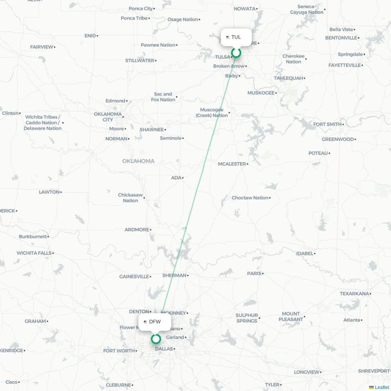 TUL - DFW route map