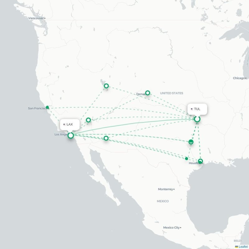 TUL - LAX route map