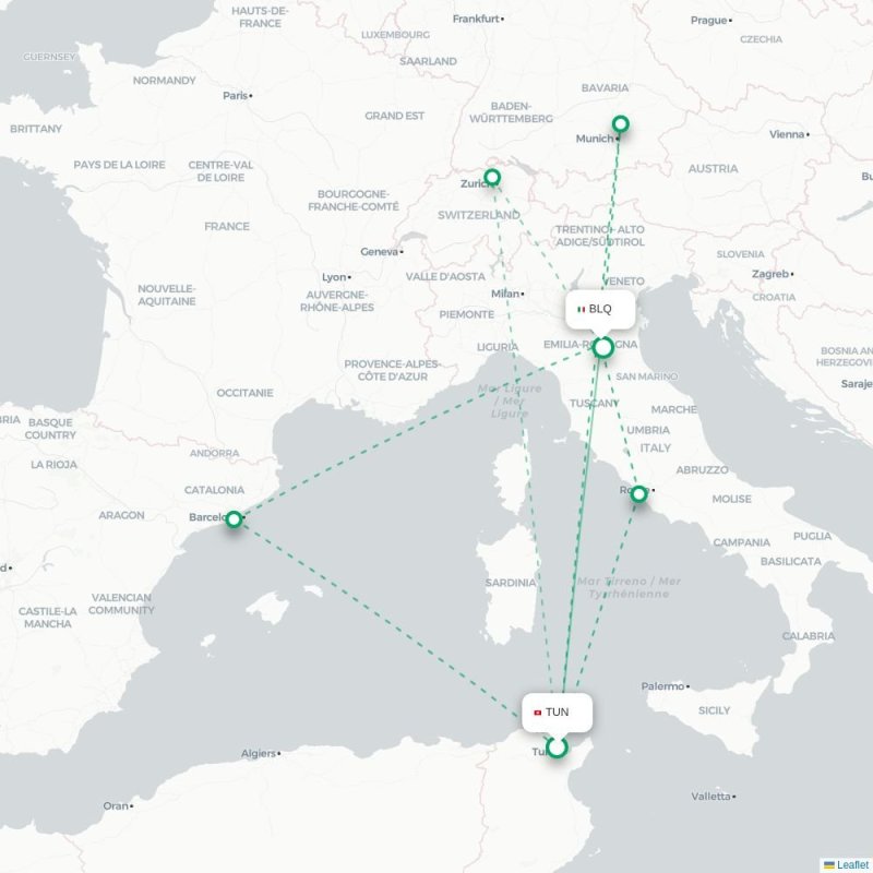 TUN - BLQ route map