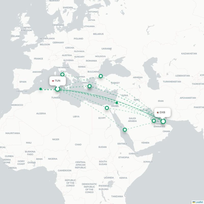 TUN - DXB route map