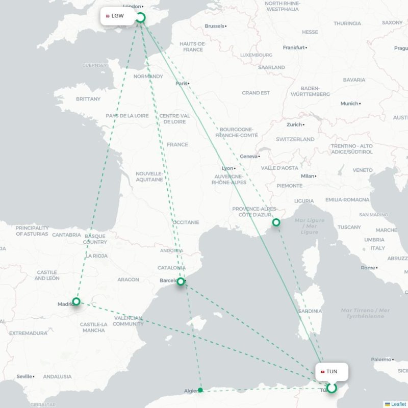 TUN - LGW route map