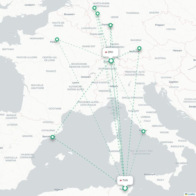 TUN - ZRH route map