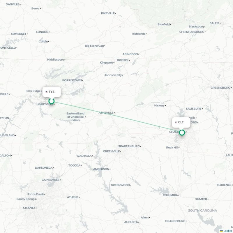 TYS - CLT route map