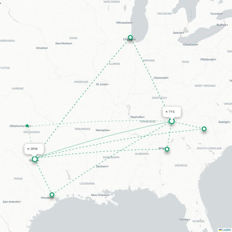 TYS - DFW route map