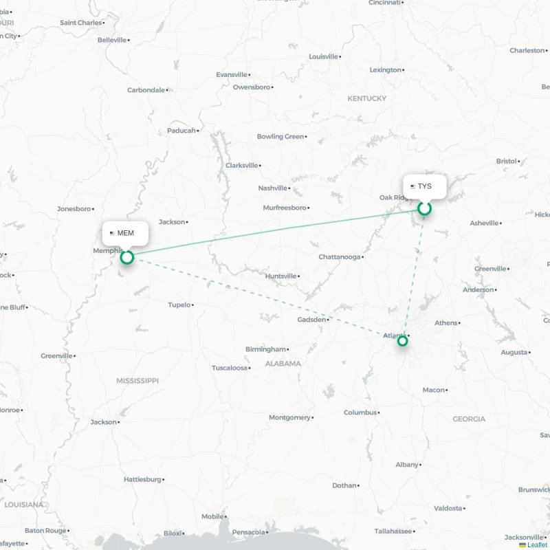 TYS - MEM route map