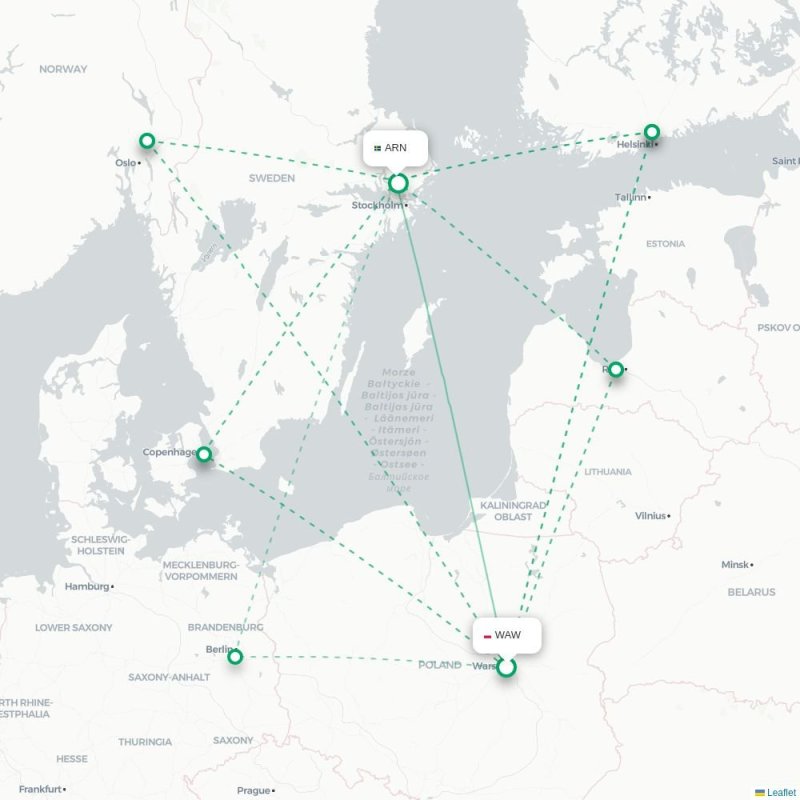WAW - ARN route map