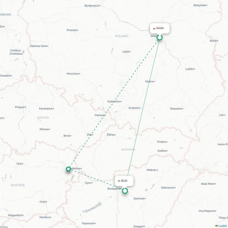 WAW - BUD route map