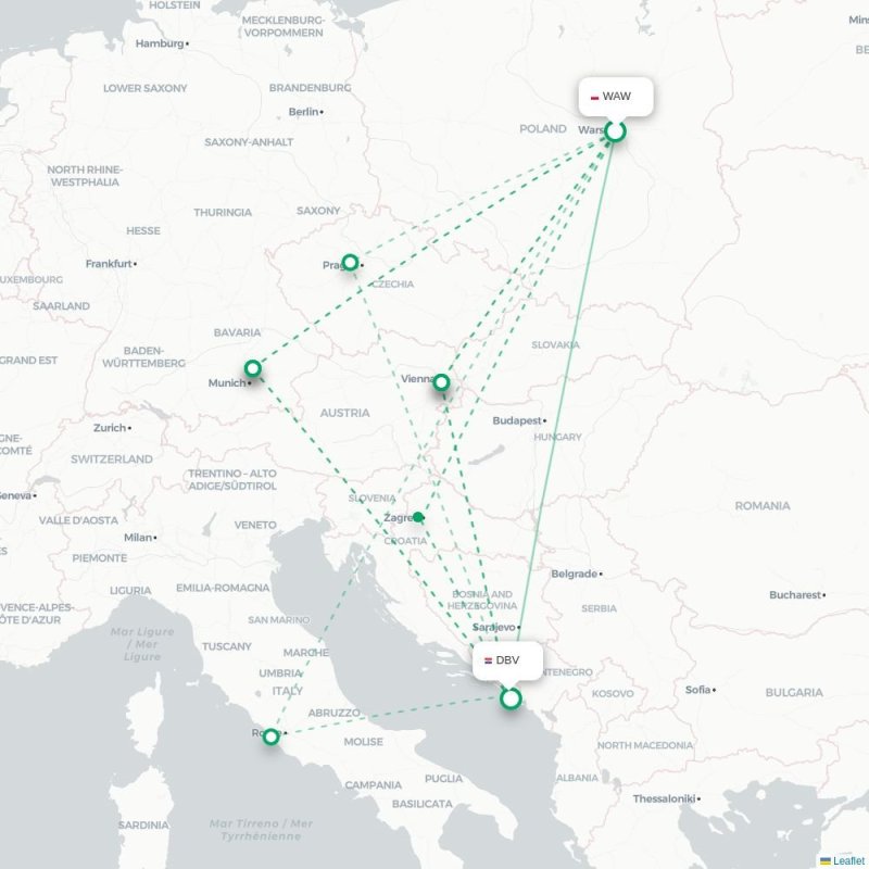 WAW - DBV route map