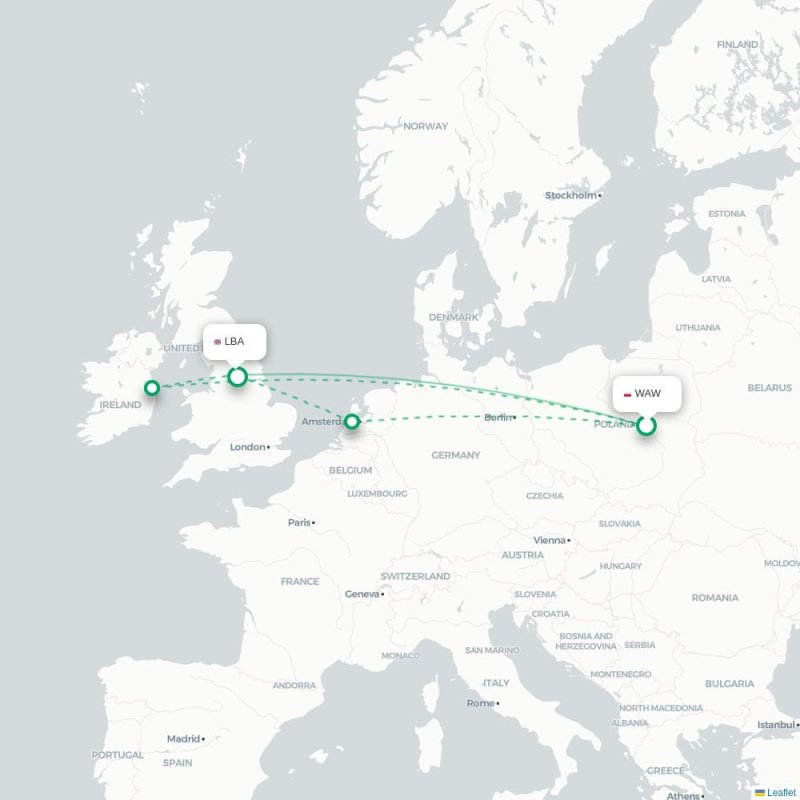 WAW - LBA route map