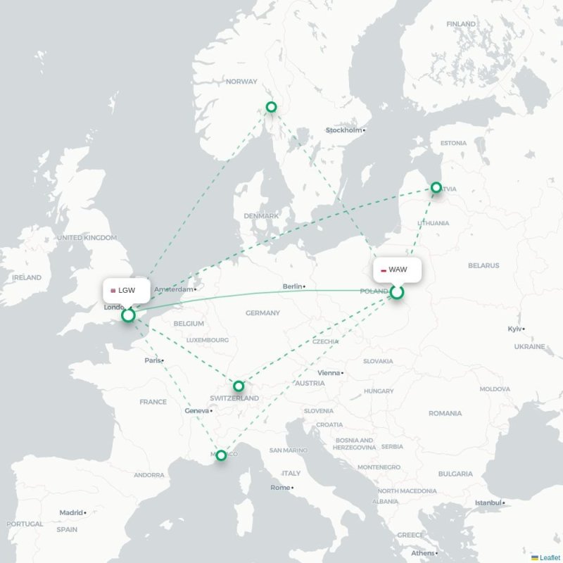 WAW - LGW route map