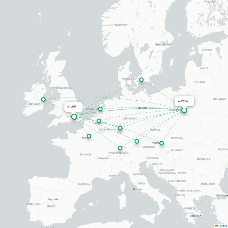 WAW - LHR route map