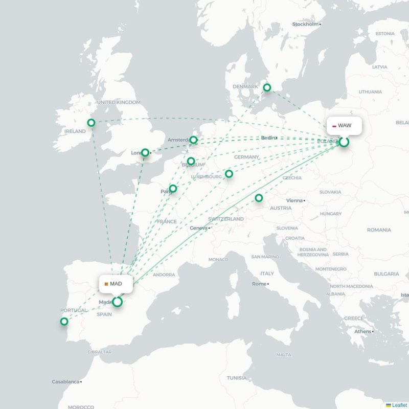 WAW - MAD route map