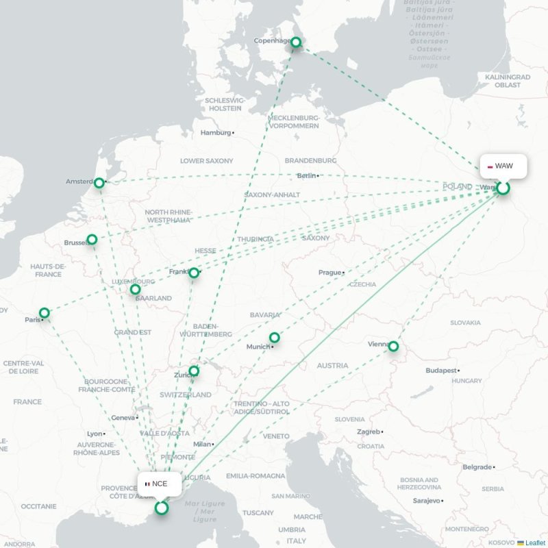 WAW - NCE route map
