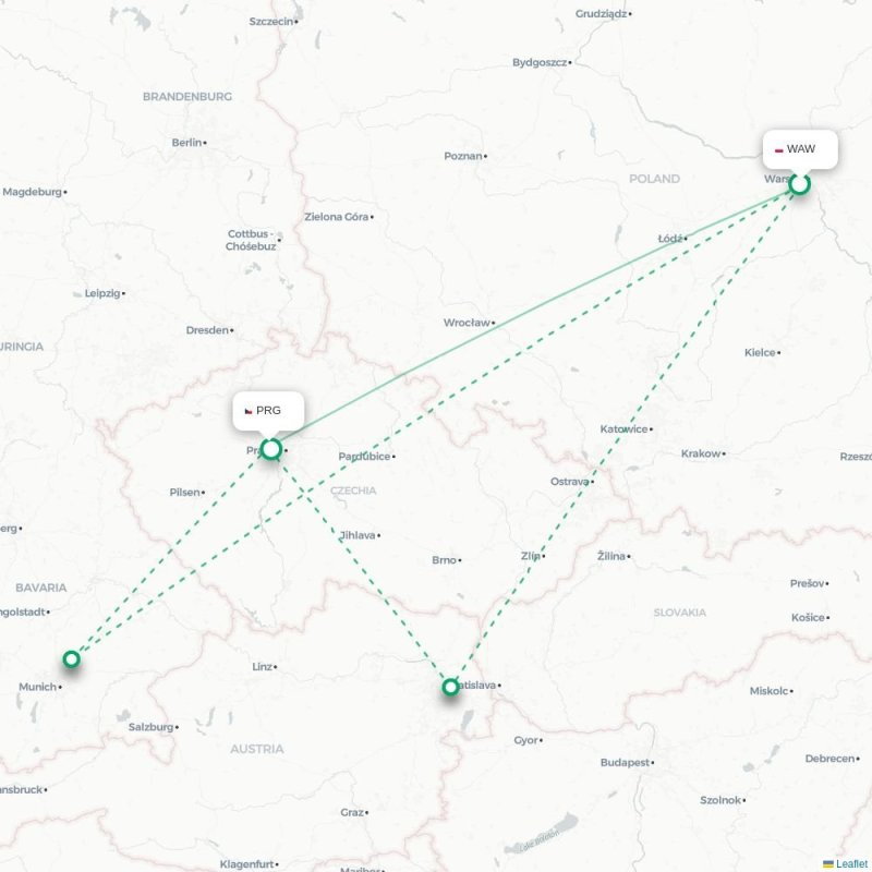 WAW - PRG route map