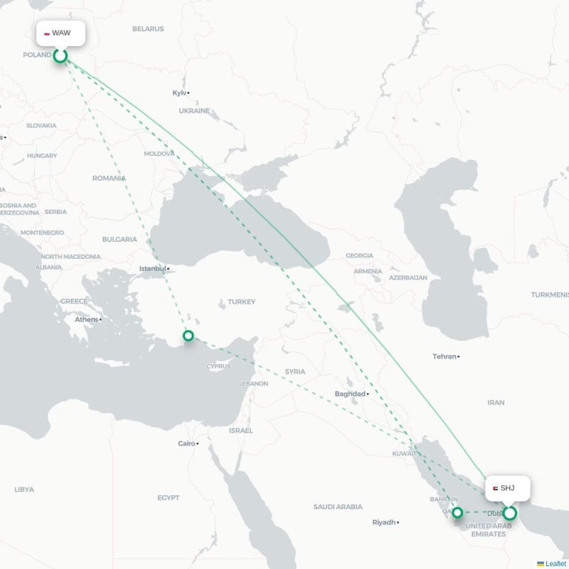 WAW - SHJ route map