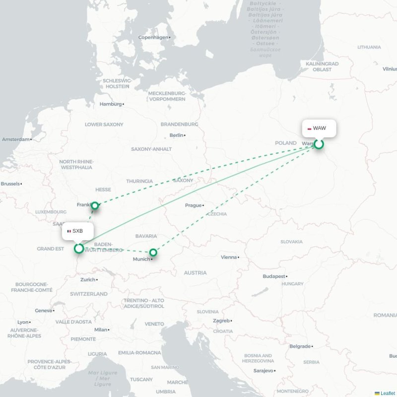 WAW - SXB route map