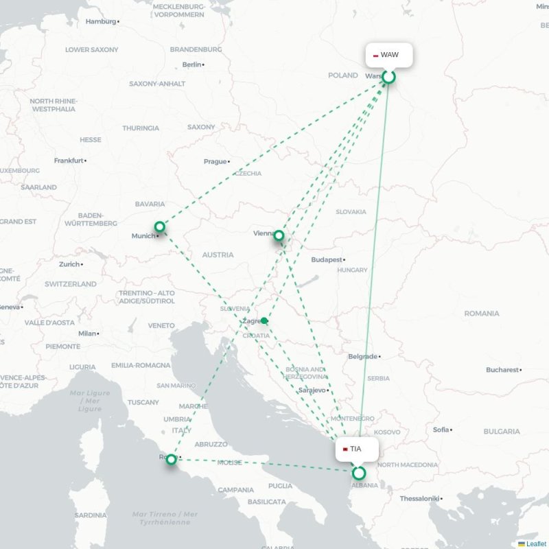 WAW - TIA route map